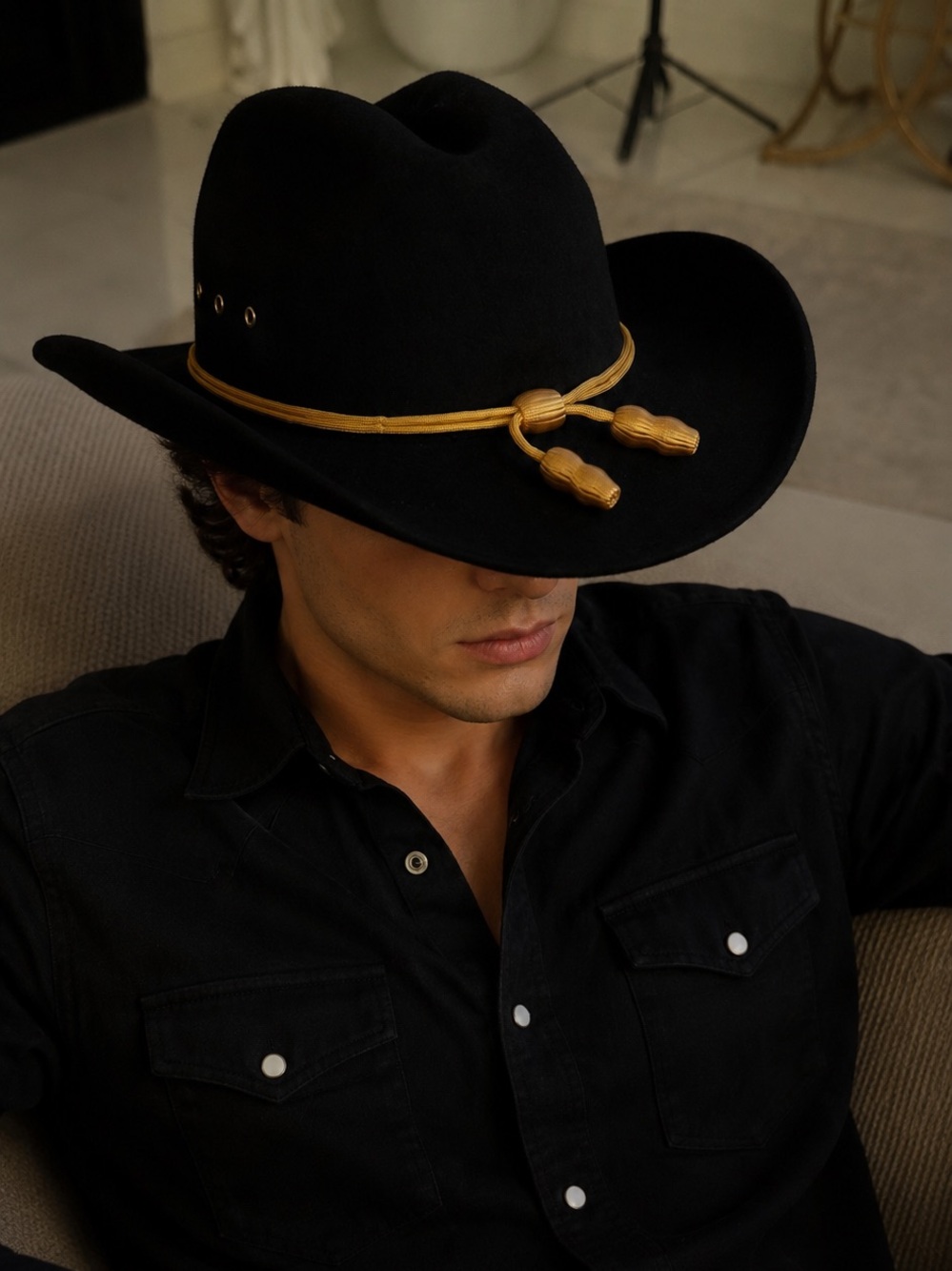 Black Cowboy Hat Gold Rope Band Size M Western Hat Ranch Rodeo Country